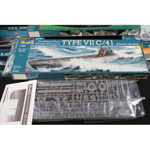 218 - Ten Boxed & unbuilt Revell plastic ship / submarine model kits to include 05100 1/144 Type VII C/41,... 