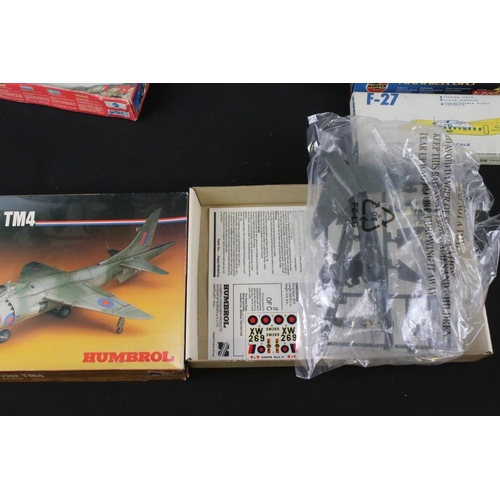 222 - Seven boxed & unbuilt plastic aircraft model kits to include Airfix A82010 Harrier GR7 Harrier FA2, ... 