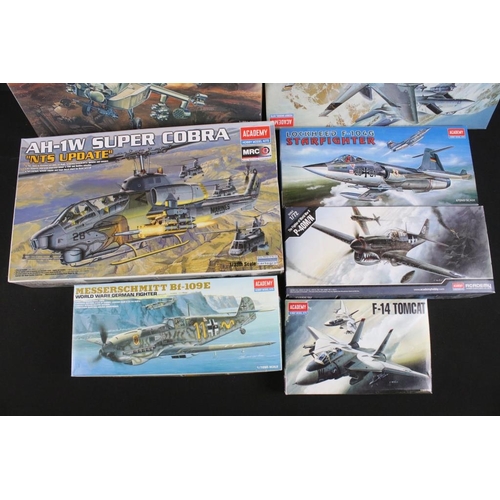 223 - Nine boxed & unbuilt Academy Hobby Model Kits, 1/35 to 1/144 scale, to include 2110 F-15E Strike Eag... 