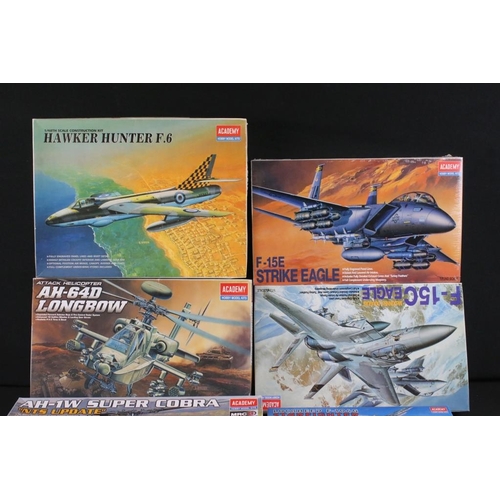 223 - Nine boxed & unbuilt Academy Hobby Model Kits, 1/35 to 1/144 scale, to include 2110 F-15E Strike Eag... 