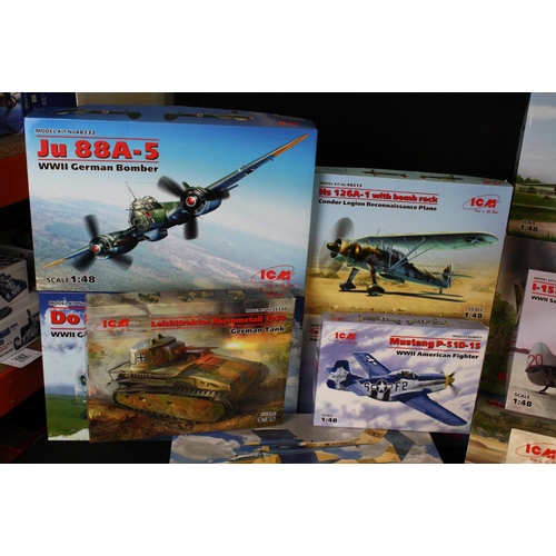 186 - 16 boxed and unbuilt ICM plastic model kits to include 1/32 scale, 1/48 scale, 1/72 scale, 1/35 scal... 