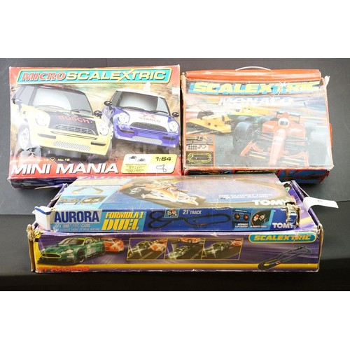 423 - Four boxed slot car sets to include 3 x Scalextric (GT Racers, Mini Mania and Monaco) and Aurora For... 