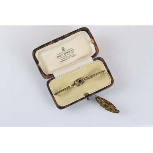 151 - Ruby and seed pearl 9ct yellow gold bar brooch (af) together with an early 20th century yellow metal... 