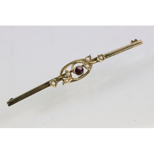 151 - Ruby and seed pearl 9ct yellow gold bar brooch (af) together with an early 20th century yellow metal... 