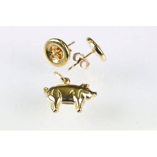 155 - Pair of 9ct yellow gold stud earrings modelled as buttons, post and butterfly ear fittings; and a 9c... 