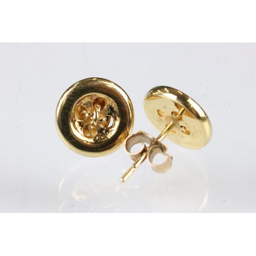 155 - Pair of 9ct yellow gold stud earrings modelled as buttons, post and butterfly ear fittings; and a 9c... 