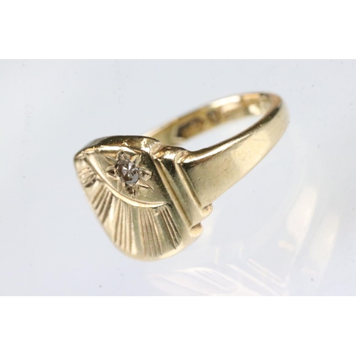 156 - Diamond 9ct yellow gold ring, round eight cut diamond, gypsy set, engraved sunburst decoration, dime... 