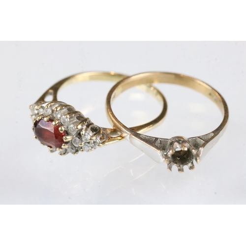 158 - Gem set 9ct yellow gold cluster dress ring, size K-K½; together with a 9ct yellow gold ring shank, m... 