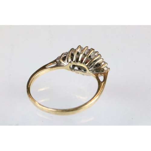 158 - Gem set 9ct yellow gold cluster dress ring, size K-K½; together with a 9ct yellow gold ring shank, m... 