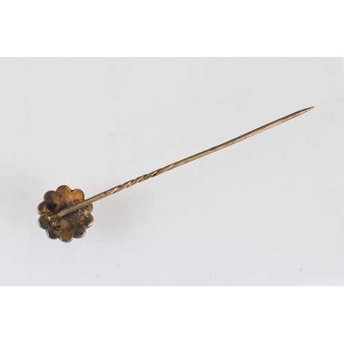 161 - Seed pearl 15ct yellow gold stick pin, circular head with seed pearl to the centre