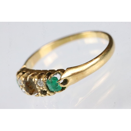 166 - Late Victorian emerald and diamond 18ct yellow gold ring, the central emerald missing, two mixed cut... 