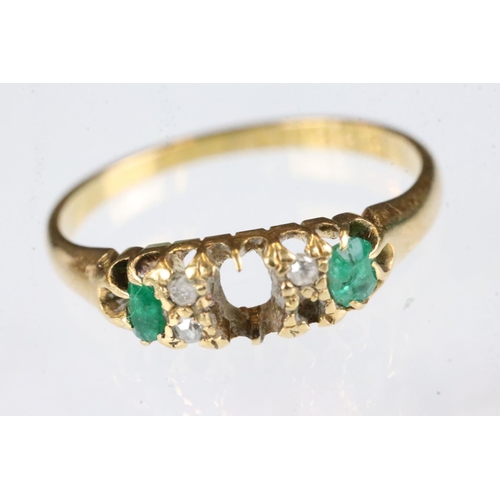 166 - Late Victorian emerald and diamond 18ct yellow gold ring, the central emerald missing, two mixed cut... 