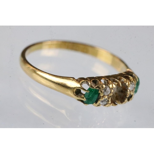 166 - Late Victorian emerald and diamond 18ct yellow gold ring, the central emerald missing, two mixed cut... 