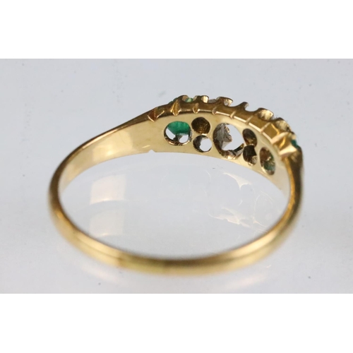 166 - Late Victorian emerald and diamond 18ct yellow gold ring, the central emerald missing, two mixed cut... 