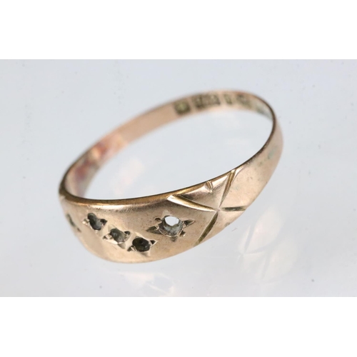 167 - Paste 9ct gold eternity ring; a 9ct gold ring, stones missing; a blue enamelled bird heart shaped pe... 