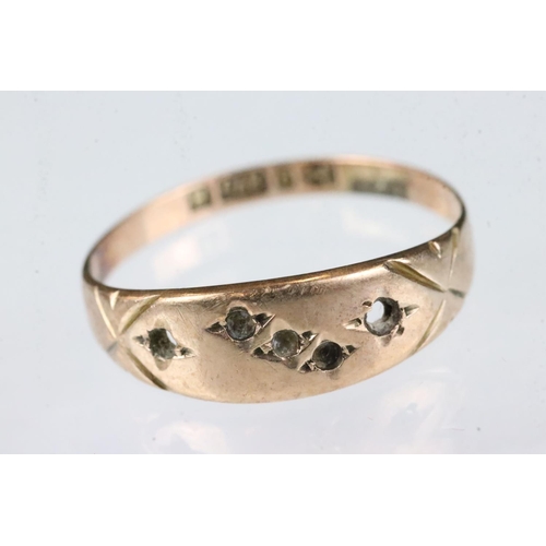 167 - Paste 9ct gold eternity ring; a 9ct gold ring, stones missing; a blue enamelled bird heart shaped pe... 