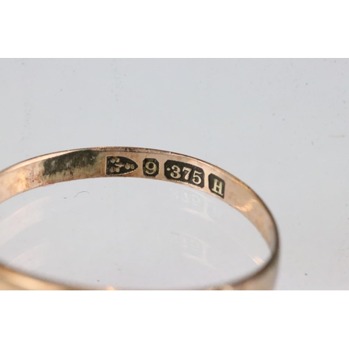 167 - Paste 9ct gold eternity ring; a 9ct gold ring, stones missing; a blue enamelled bird heart shaped pe... 