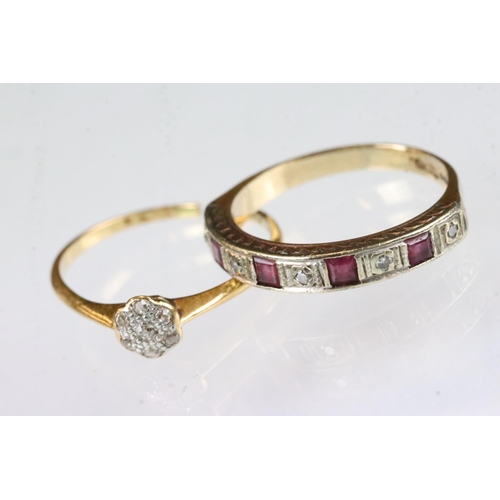 173 - Ruby and diamond 9ct yellow and white gold set ring, four square mixed cut rubies, flush set, five s... 