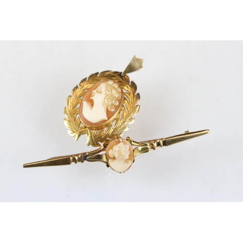 180 - Cameo 9ct yellow gold pendant, the female profile facing left, laurel leaf surround; together with a... 