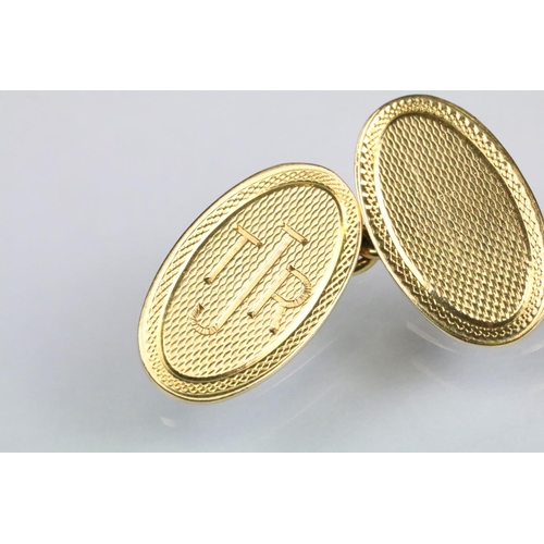 144 - Pair of 18ct yellow gold chain link panel cufflinks, oval engine turned panels, engraved initials