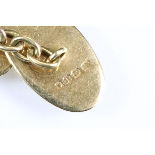 144 - Pair of 18ct yellow gold chain link panel cufflinks, oval engine turned panels, engraved initials