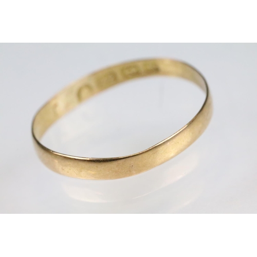 149 - 22ct yellow gold wedding band, width approx 2.5mm; together with a pair of 9ct yellow gold drop earr... 