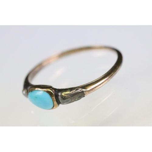 37 - Georgian turquoise and diamond three stone ring, the centre oval cabochon cut turquoise measuring ap... 