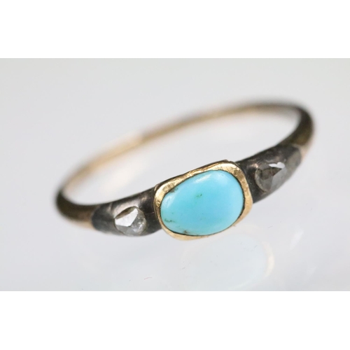 37 - Georgian turquoise and diamond three stone ring, the centre oval cabochon cut turquoise measuring ap... 