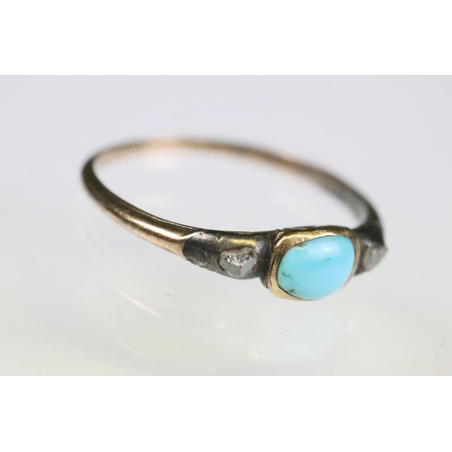 37 - Georgian turquoise and diamond three stone ring, the centre oval cabochon cut turquoise measuring ap... 