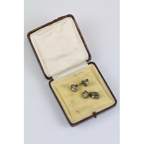 42 - Pair of 18th century paste white metal cufflinks, cast double C cypher, closed back settings, dimens... 