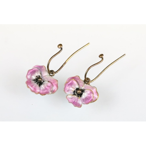 44 - Pair of enamelled earrings modelled as pansy flowers, pink enamel to the front, pale blue/ white ena... 