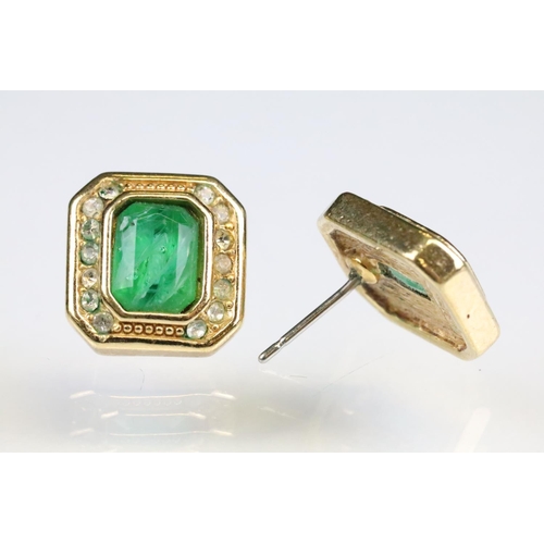 95 - Pair of Christian Dior earrings, green and white paste stones, octagonal gilt frame, post ear fittin... 