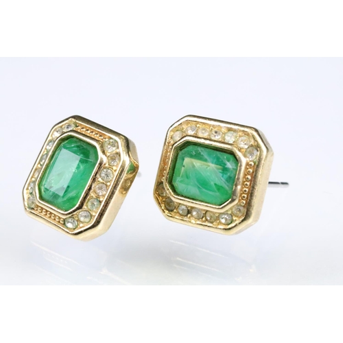 95 - Pair of Christian Dior earrings, green and white paste stones, octagonal gilt frame, post ear fittin... 