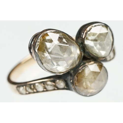 1 - 19th century diamond unmarked gold and silver set ring, three oval rose cut diamonds, the principal ... 