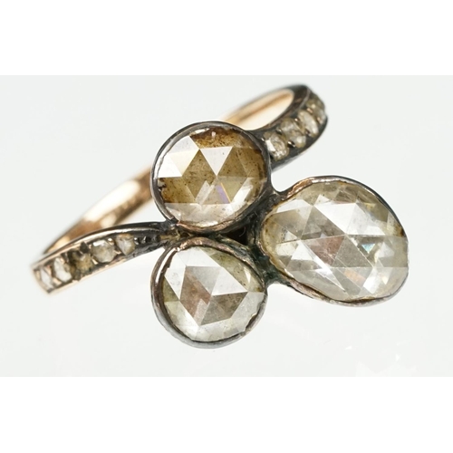 1 - 19th century diamond unmarked gold and silver set ring, three oval rose cut diamonds, the principal ... 