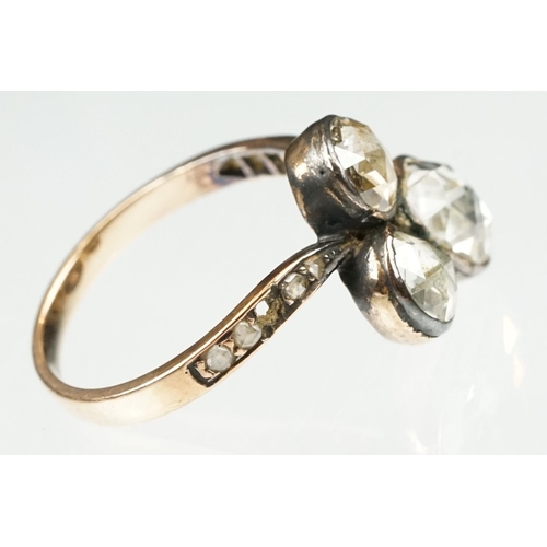 1 - 19th century diamond unmarked gold and silver set ring, three oval rose cut diamonds, the principal ... 