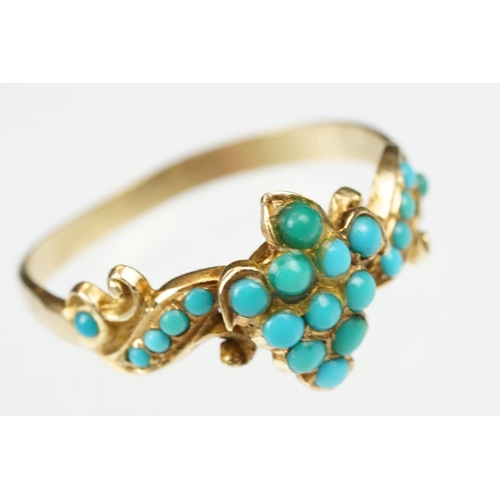 10 - 19th century turquoise unmarked yellow gold ring, the central cluster comprising eleven small round ... 