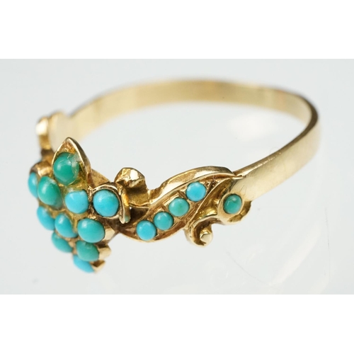 10 - 19th century turquoise unmarked yellow gold ring, the central cluster comprising eleven small round ... 