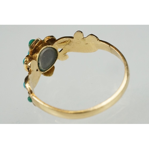 10 - 19th century turquoise unmarked yellow gold ring, the central cluster comprising eleven small round ... 