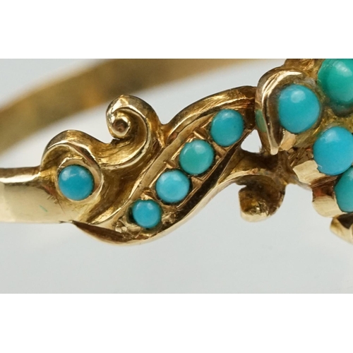 10 - 19th century turquoise unmarked yellow gold ring, the central cluster comprising eleven small round ... 