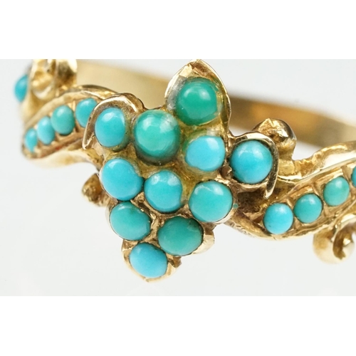 10 - 19th century turquoise unmarked yellow gold ring, the central cluster comprising eleven small round ... 