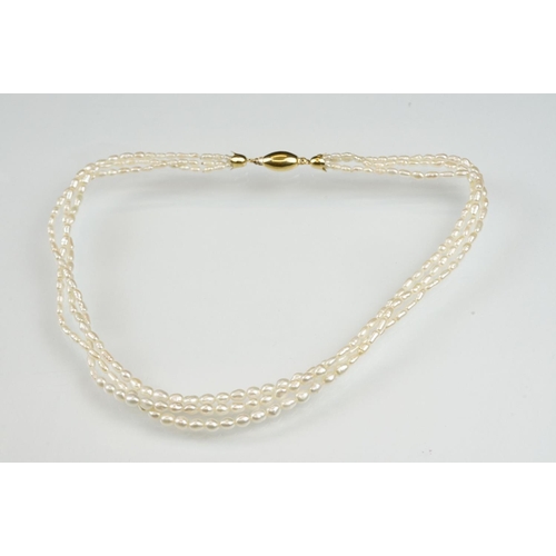 101 - Freshwater pearl three strand necklace with 18ct yellow gold hook and box clasp, length approx 46cm,... 