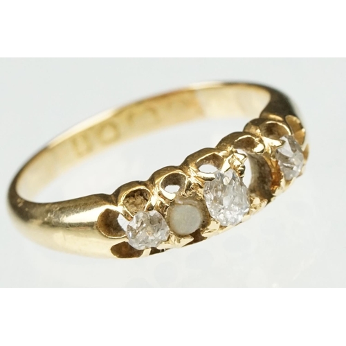 103 - Victorian diamond and pearl yellow gold ring. three old cut diamonds, single seed pearl, one missing... 