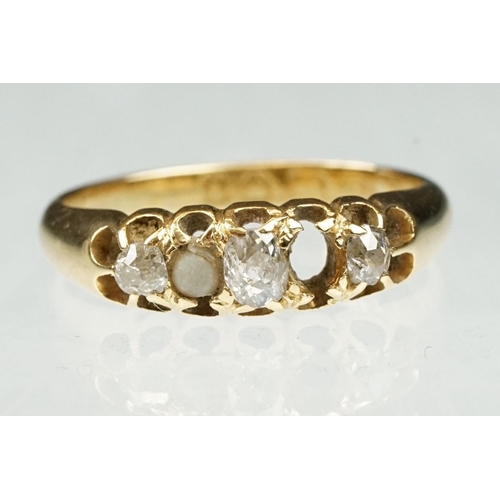 103 - Victorian diamond and pearl yellow gold ring. three old cut diamonds, single seed pearl, one missing... 