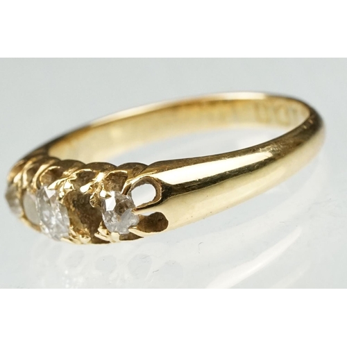 103 - Victorian diamond and pearl yellow gold ring. three old cut diamonds, single seed pearl, one missing... 