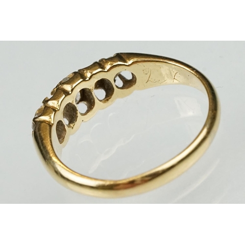 103 - Victorian diamond and pearl yellow gold ring. three old cut diamonds, single seed pearl, one missing... 