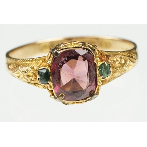 18 - Victorian garnet and emerald 15ct yellow gold ring, the oval mixed cut garnet measuring approx 7x 6m... 