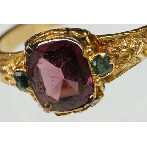 18 - Victorian garnet and emerald 15ct yellow gold ring, the oval mixed cut garnet measuring approx 7x 6m... 