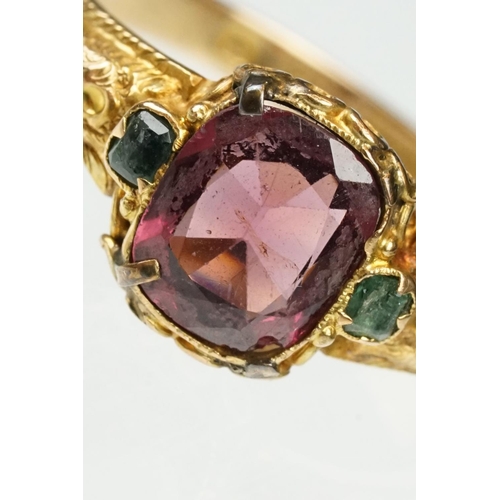 18 - Victorian garnet and emerald 15ct yellow gold ring, the oval mixed cut garnet measuring approx 7x 6m... 