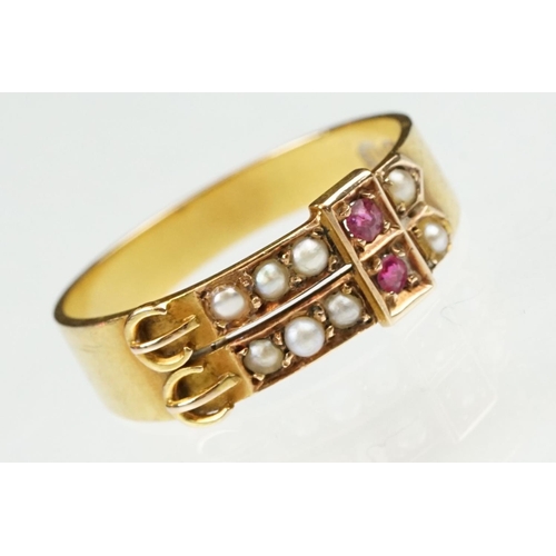 19 - Late 19th century pearl and ruby 15ct yellow gold buckle ring, two rows each set with five seed pear... 